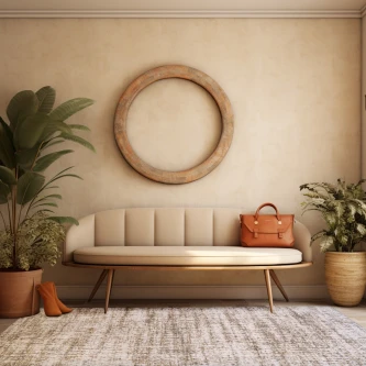 Tapete Whisper cinzento claro junto a sofá bege, plantas e mala castanha