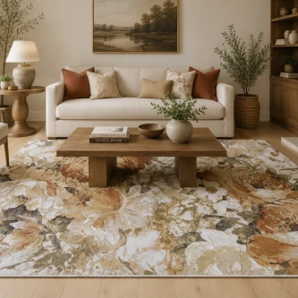 Tapete Eden floral em tons cremes e terra numa sala com sofá branco e mesa de centro