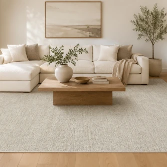 Tapete Lithos bege claro em sala com sofá seccional creme, mesa de centro de madeira