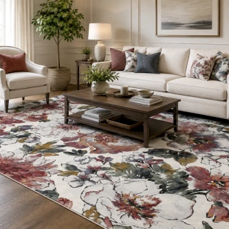 Tapete Lya com padrão floral em tons bordô, bege e verde em sala com sofá e mesa de centro