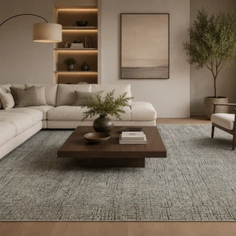 Tapete Maze cinzento texturado numa sala de estar com sofá branco e mesa de centro