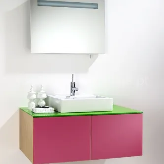 Movel casa de banho 2p suspenso rosa com tampo verde e lavatório branco