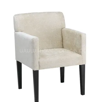 Cadeirão Sofia estofado bege com braços e pés de madeira pretos