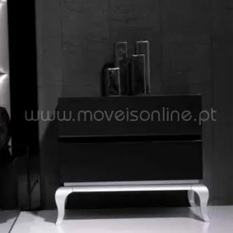 Mesa de cabeceira preta 'Coimbra' com pés brancos curvos, duas gavetas e vasos no topo
