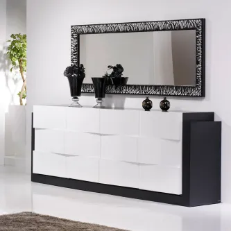 Aparador com espelho Coimbra branco e preto, moldura decorativa e vasos