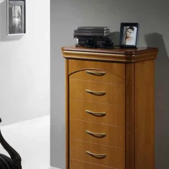 Camiseiro lux vip em madeira com seis gavetas e puxadores dourados, livros e moldura no topo