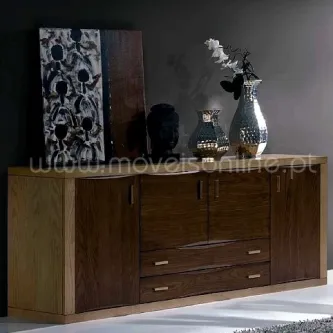 Aparador Rute em madeira escura com vasos e quadro decorativo