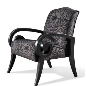 Cadeirão Glamour estofado cinzento com padrão floral e braços e pés em madeira preta