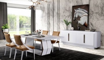 O charme da Sala de jantar Sagres White, com seu estilo clássico e moderno, é perfeito para criar um ambiente aconchegante para as reuniões familiares e amigos.