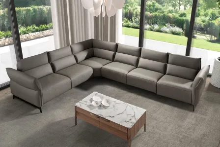 Sofá de canto Fintra cinzento em L com mesa de centro de mármore