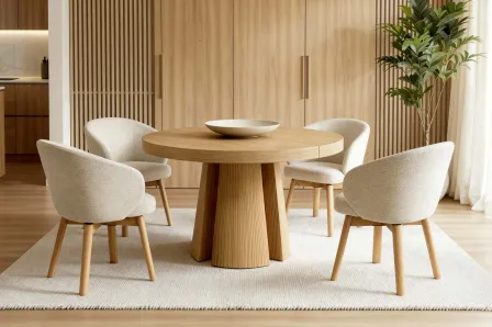 Mesa redonda extensível Marcella em madeira clara com base pedestal e quatro cadeiras estofadas