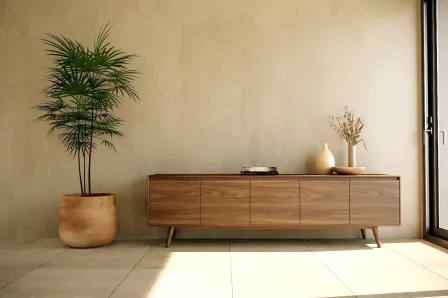 Móvel TV nórdico em madeira com pés, decoração minimalista e planta