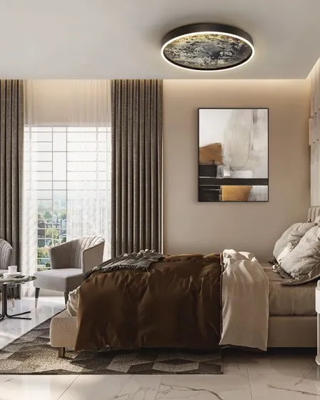 Plafon Stone 60D redondo com acabamento tipo pedra e iluminação difusa num quarto moderno