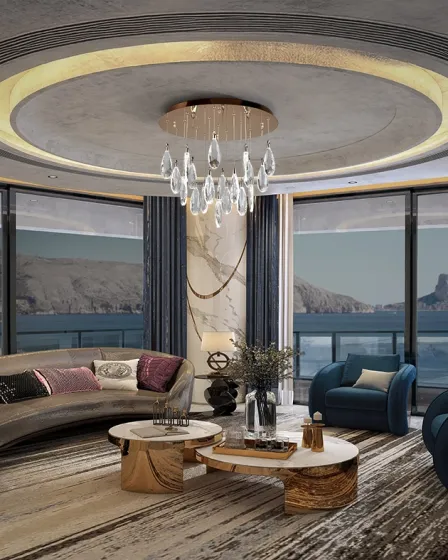 Candeeiro de teto Lagrimas 19L com 19 pendentes em lágrima sobre sala elegante