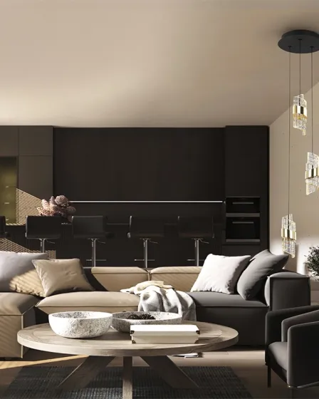 Candeeiro pendente Iliada 3L em sala moderna com sofás e mesa de centro