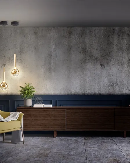 Candeeiro suspenso Essenza com dois globos de vidro dourado, luz quente, sobre móvel