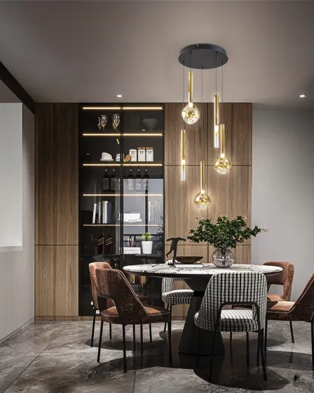 Candeeiro de teto Essenza 5L com cinco pendentes em vidro sobre mesa de jantar