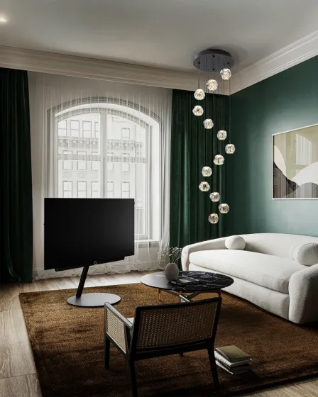 Candeeiro de teto Zaria 13L com 13 globos de vidro suspensos numa sala moderna