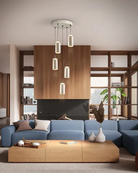 Candeeiro de teto Alfara 5L com cinco pendentes cilíndricos suspensos sobre sala