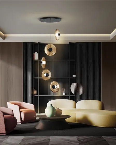 Candeeiro de teto Diabolo com discos dourados suspensos sobre sala moderna