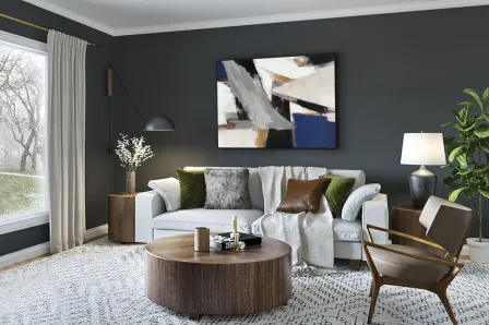 Pintura Espacios II abstrata geométrica em cinza, branco e azul sobre parede escura