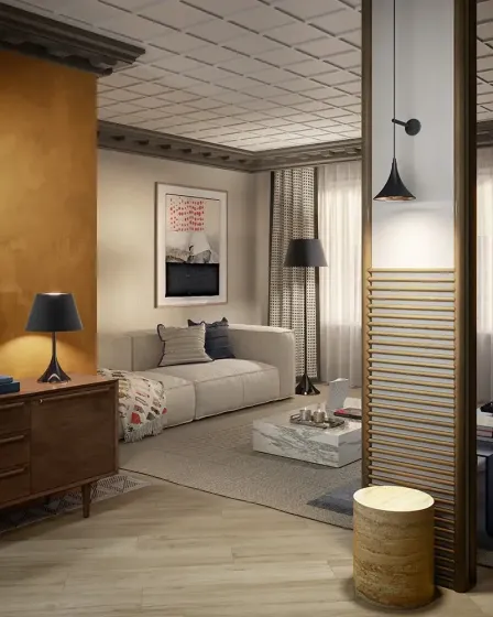 Candeeiro de pé Picollo preto junto a sofá numa sala moderna e acolhedora