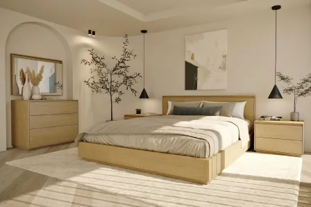 Quarto de casal nórdico com cama de madeira baixa, colcha clara e decoração minimalista