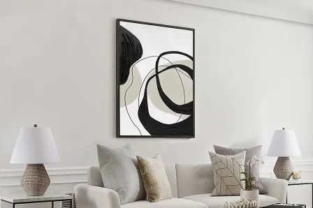 Pintura Action I, quadro abstrato em preto, branco e cinzento sobre sofá