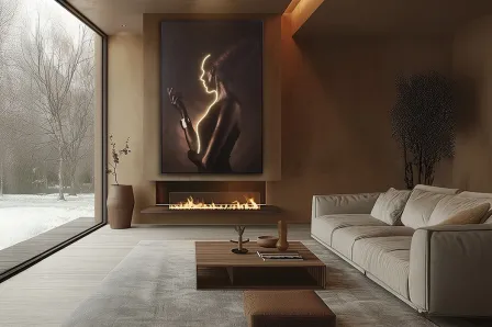 Quadro luz silueta com silhueta feminina iluminada em perfil, acima de lareira