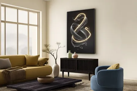 Quadro Luz Cinetic com laços de luz dourada em espiral sobre fundo preto