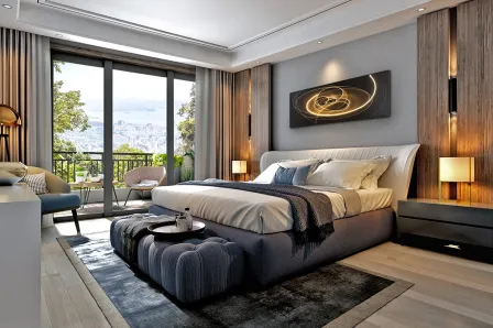 Quarto com cama e quadro luz trazados iluminado com traços dourados