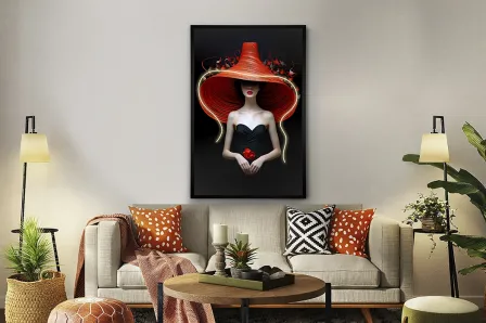 Quadro Luz Tocado com mulher de chapéu vermelho em fundo negro numa sala