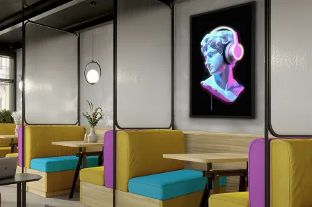 Quadro iluminado com busto colorido em neon numa parede de café