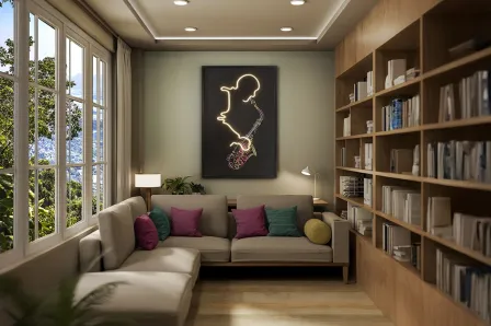 Quadro luz saxofón com contorno iluminado de saxofone numa sala de estar