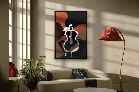 Quadro com silhueta de violoncelo iluminada pendurado numa sala moderna
