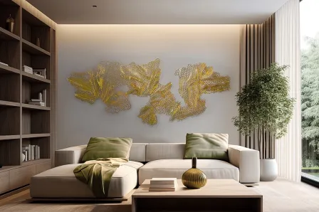 Escultura de parede metálica dourada abstrata em três painéis acima de sofá