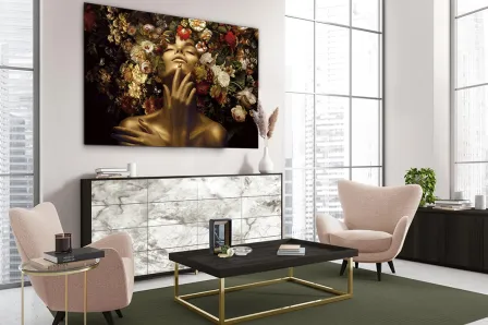 Quadro Fiorella com rosto feminino dourado envolto em flores coloridas