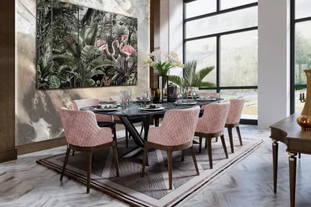 Quadro tríptico com flamingos e folhagem numa sala de jantar moderna