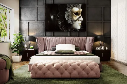 Quadro Carnaval com rosto mascarado dourado, pendurado acima de cama em quarto moderno