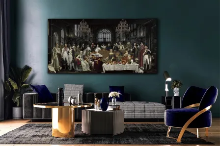 Reprodução de pintura histórica com nobres reunidos à volta de uma mesa de banquete