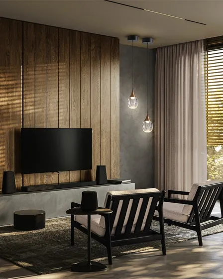 Candeeiro suspenso Corina com duas lâmpadas pendentes em sala de estar moderna