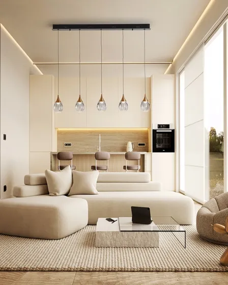 Candeeiro de teto Corina 5L com cinco pendentes de vidro e detalhes dourados sobre sala moderna