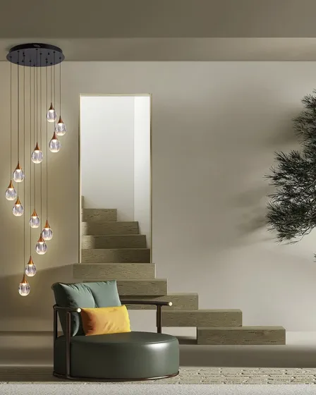 Candeeiro de teto Corina 12L com 12 pendentes de vidro suspensos em cascata