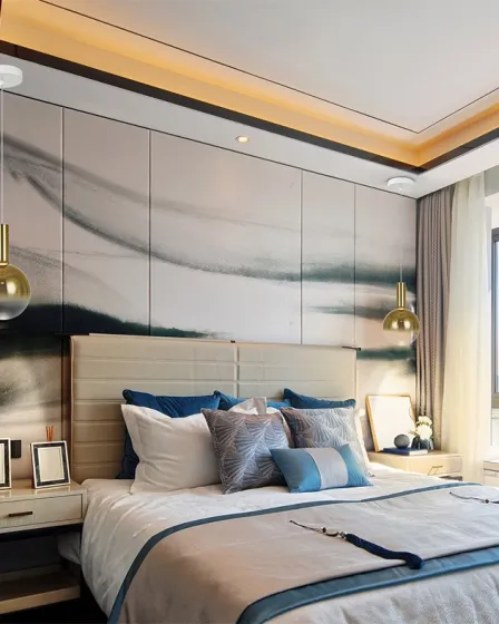 Candeeiro suspenso Matices dourado com cúpula de vidro sobre mesas de cabeceira em quarto