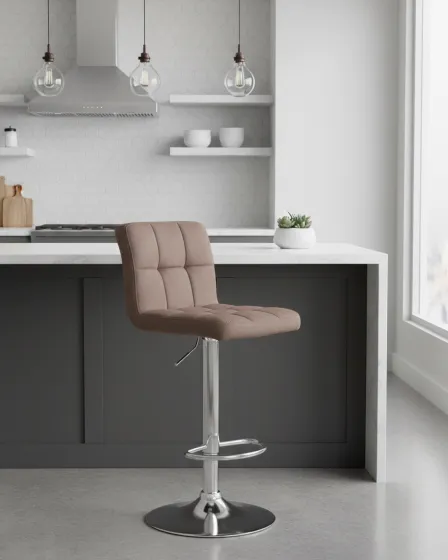 Banco de bar Peru bege estofado com padrão quadrado, base cromada regulável