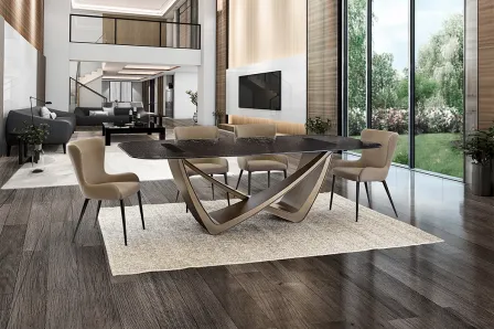 Mesa de jantar Genesis com tampo escuro e base metálica escultórica, cadeiras bege