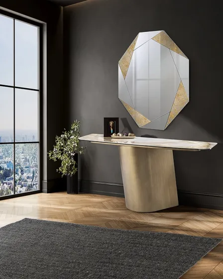 Consola Numa com tampo em mármore e base curva metálica, espelho geométrico dourado