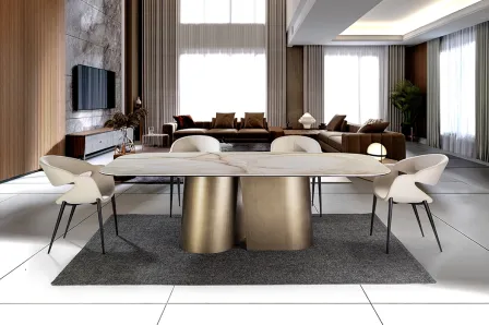 Mesa de jantar com tampo em mármore branco e dois pés cilíndricos dourados