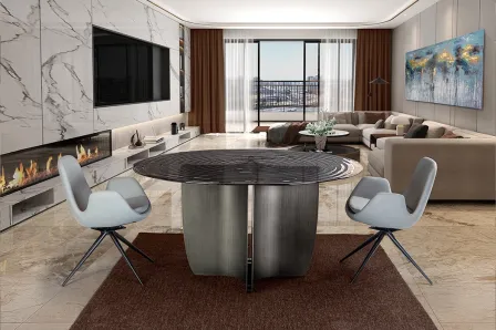 Mesa de jantar Night redonda em mármore preto com base metálica, em sala contemporânea