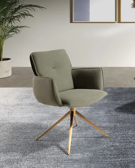 Cadeira giratória Vidal verde estofada com base metálica dourada